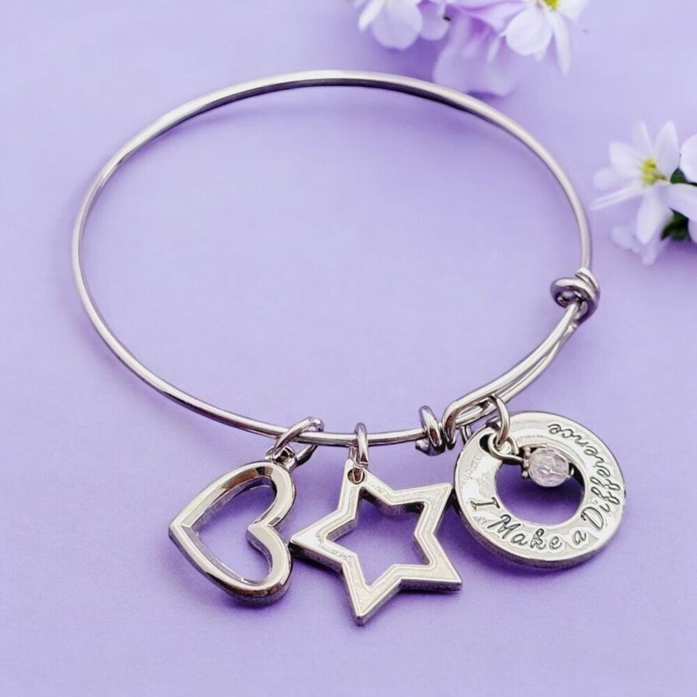 Stainless Steel Bangle Bracelet With Charms  and "I make a Difference" charm